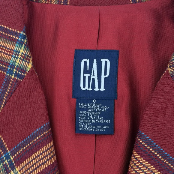 VTG Gap Sz 6 Wool Tartan Plaid Blazer Jacket Burgundy Yellow Academia Preppy 90s - Picture 4 of 6